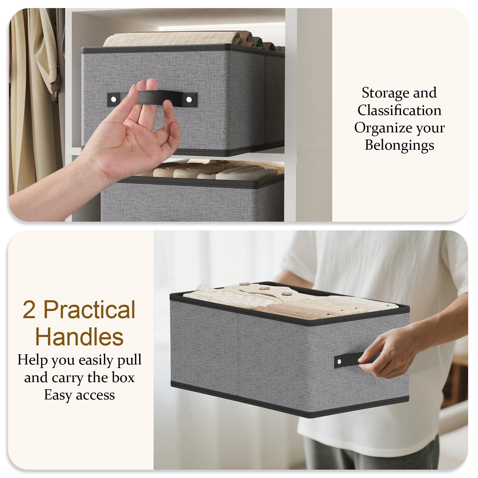 YheenLf Storage Baskets with Handles,Gray Bins, 33×23×14cm, 4-Pack