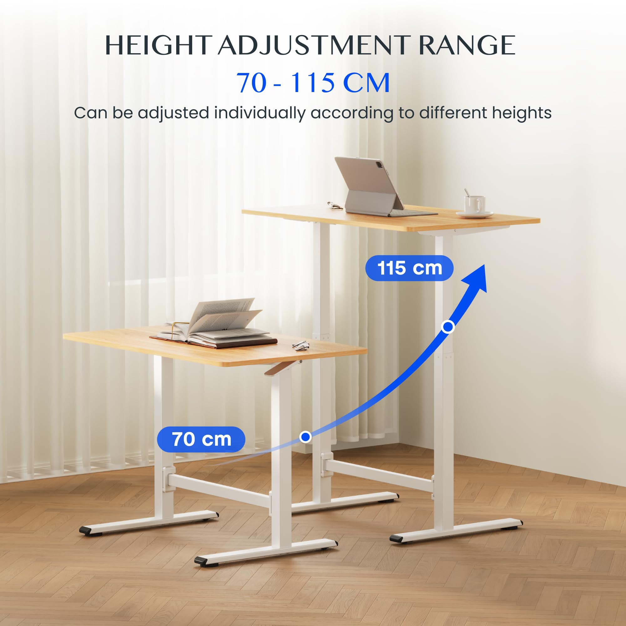 FLEXISPOT No-Electric Pneumatic Standing Desk with Wheels, Height Adjustable Rolling Laptop Table, Mobile Bedside Workstation, 100×60 cm Maple