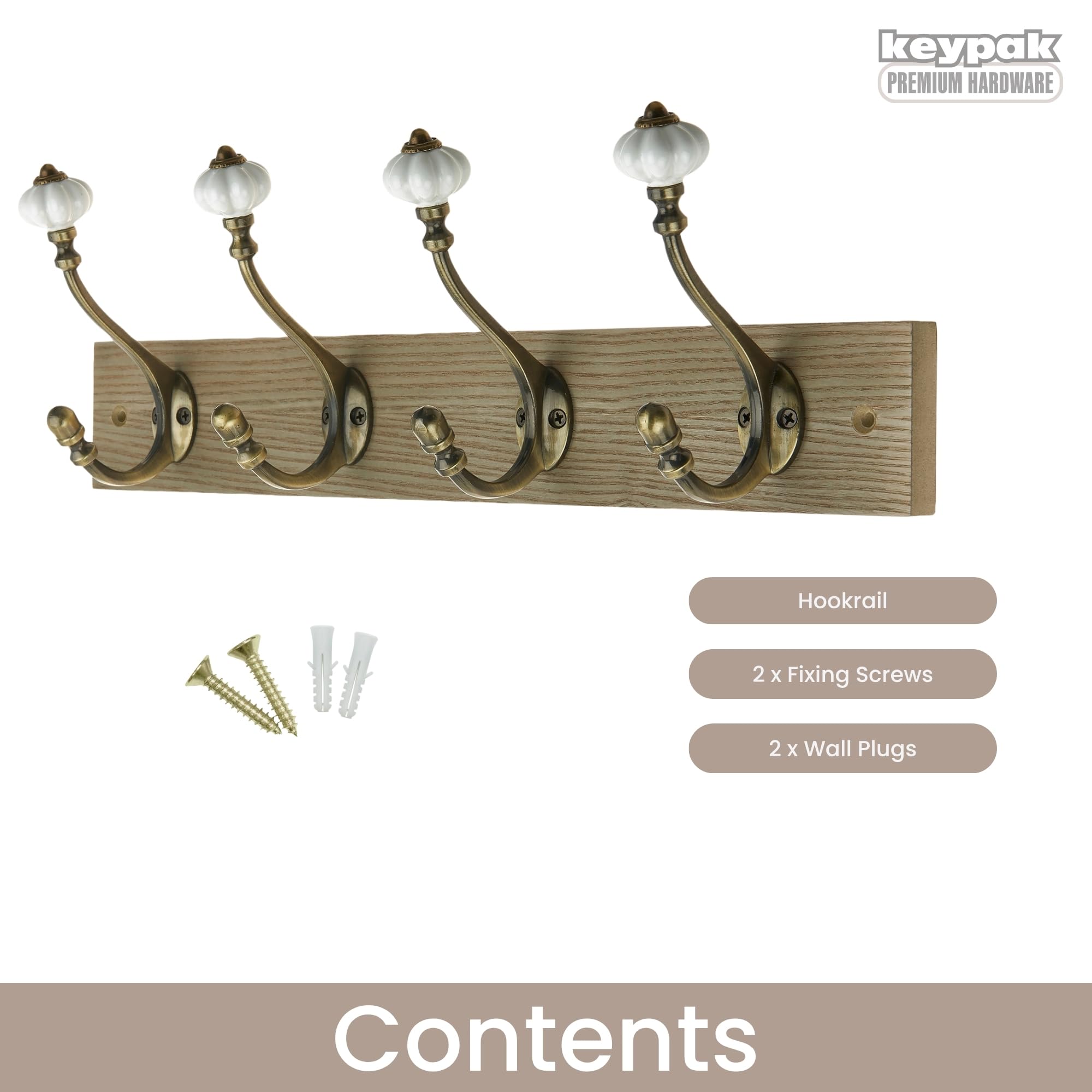 keypak Victorian Wall-Mounted Coat 4 Brass Hook 46 cm Wood Rail