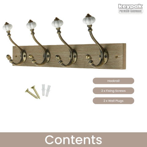 keypak Victorian Wall-Mounted Coat 4 Brass Hook 46 cm Wood Rail