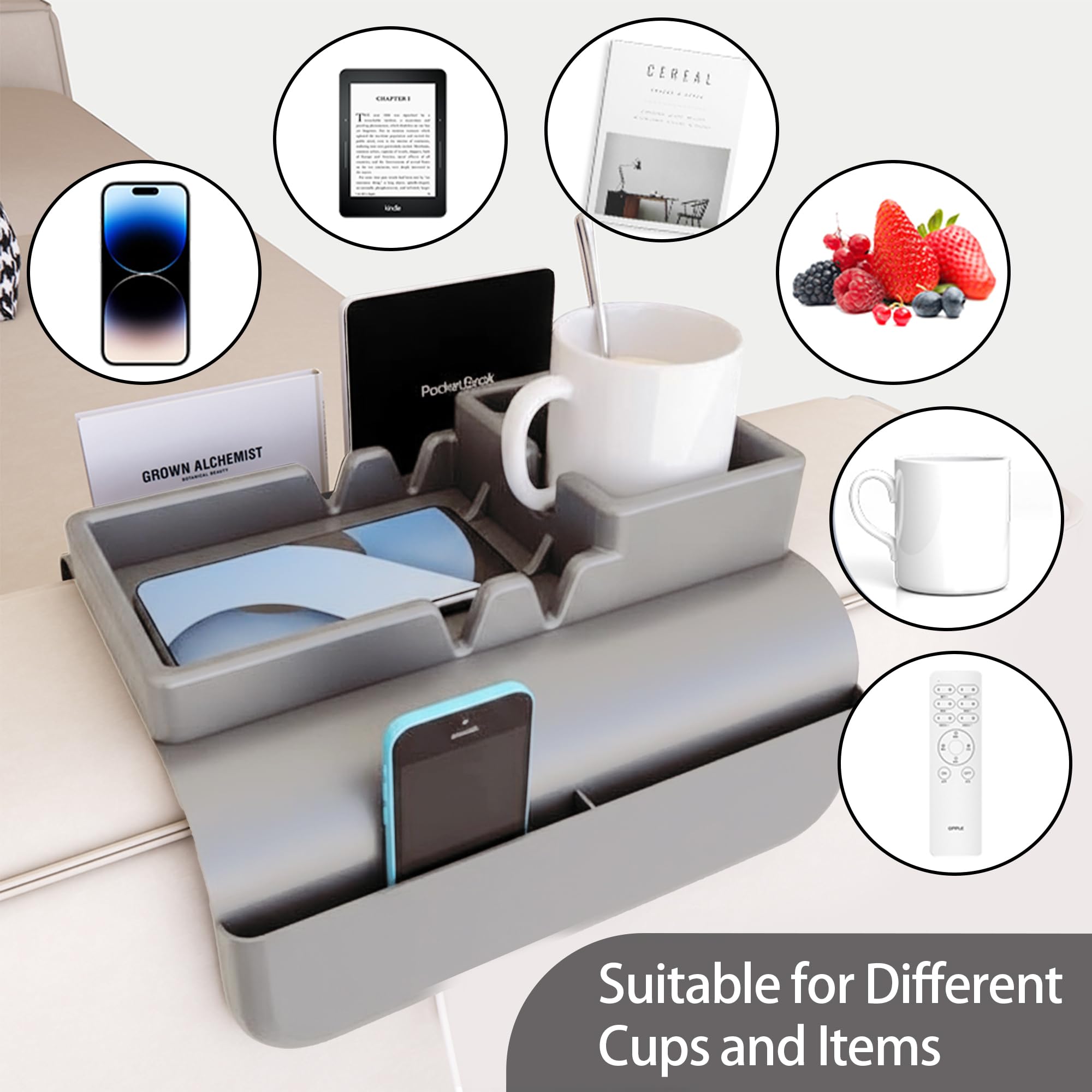 A1DIEE Couch Arm Cup Holder Silicone Sofa Armrest Tray with 5 Side Pockets