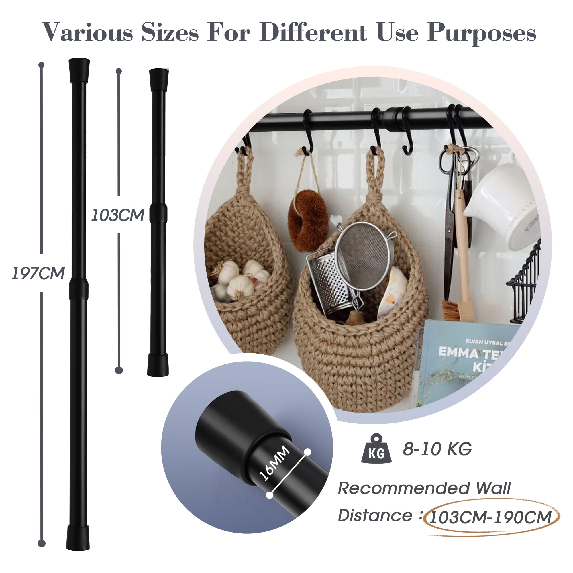 Extendable Curtain Pole Telescopic Curtain Rod Tension Rod,Length 105-190cm