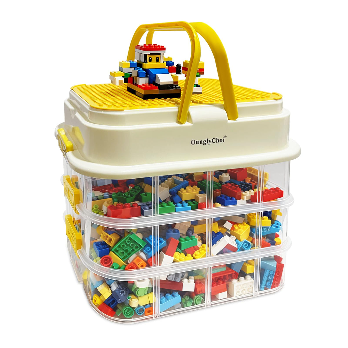 OunglyChoi Storage Boxes with Lids for Lego Cube 4-Layers Stackable Blocks Organizing Box with Handle Clear Compartment Container for Kids Toy