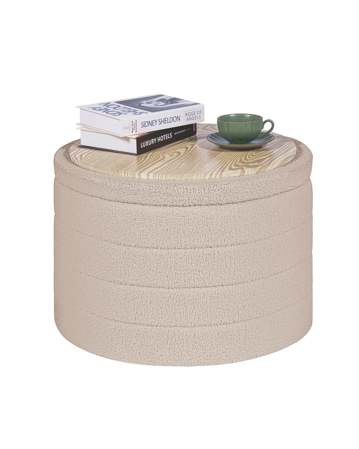PINPLUS Round Ottoman Storage, Convertible Table, Beige, 56x56x40 cm
