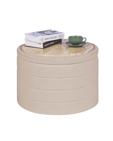 PINPLUS Round Ottoman Storage, Convertible Table, Beige, 56x56x40 cm