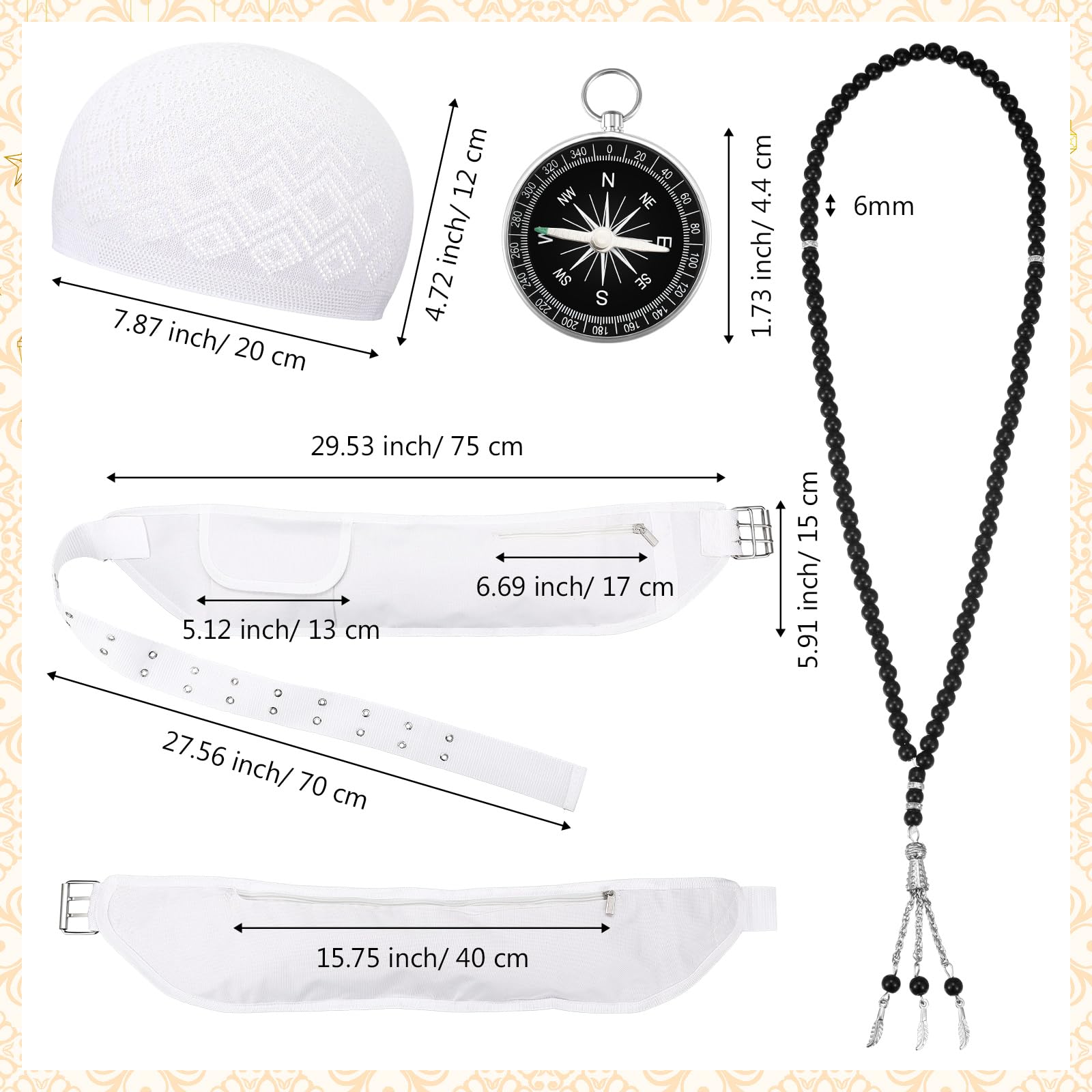 Namalu Islamic Men's Ihram Set Includes 1 Set of 2 Pcs Seamless Hajj Towel 110 x 210cm Ahram 1 Ihram Belt Waist Packs 1 Kufi hat 1 Tawaf Prayer Beads