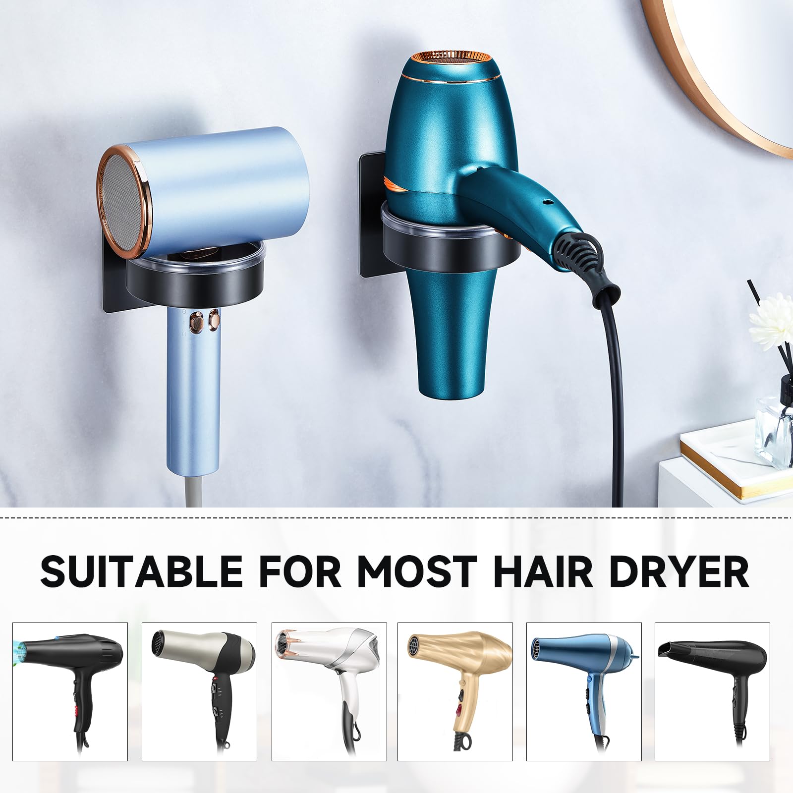 YYBO Hair Dryer Holder Wall Mount, Hairdryer Holder Station for Hair Dryer Storage, Adhesive Hairdryer Stand Rack for Dressing Table Bathroom (Black)