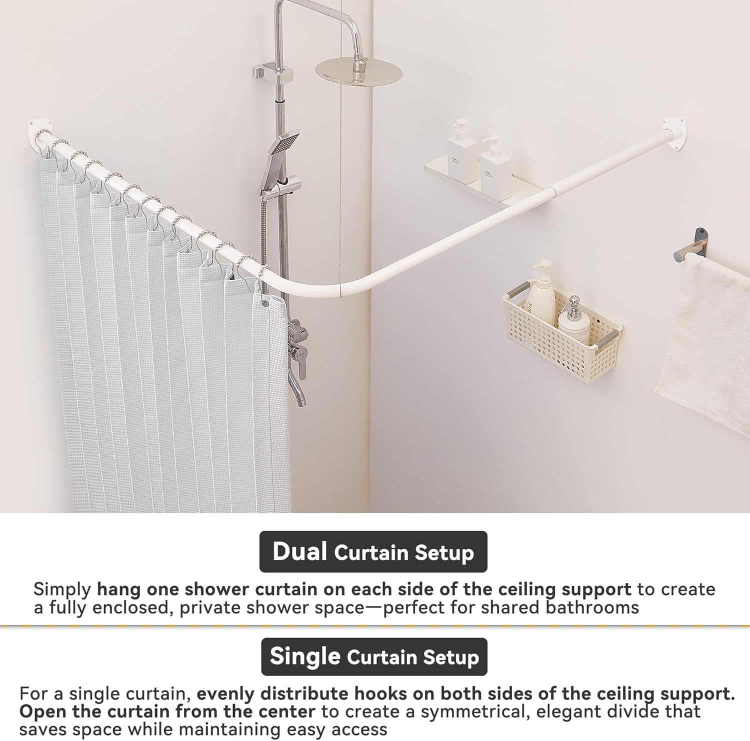 Shower Curtain Pole, L Shaped Shower Curtain Rail, Extendable Shower Curtain Rod for Bathroom, Clothing Store