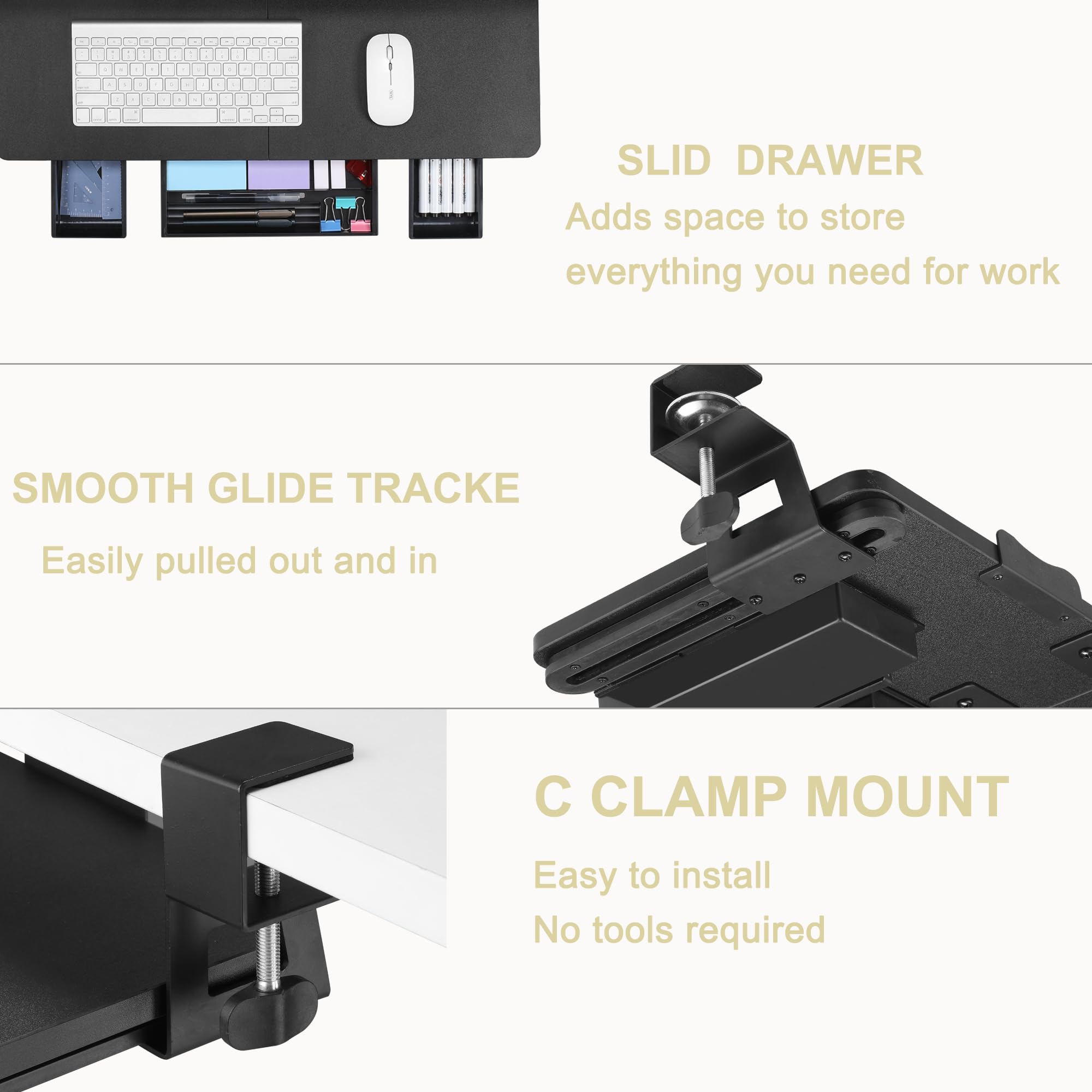 TECLUK Keyboard Tray Under Desk with Drawer,26.77" X 11.81" Keyboard Tray Large Size with C Clamp-on Mount, Easy to Install