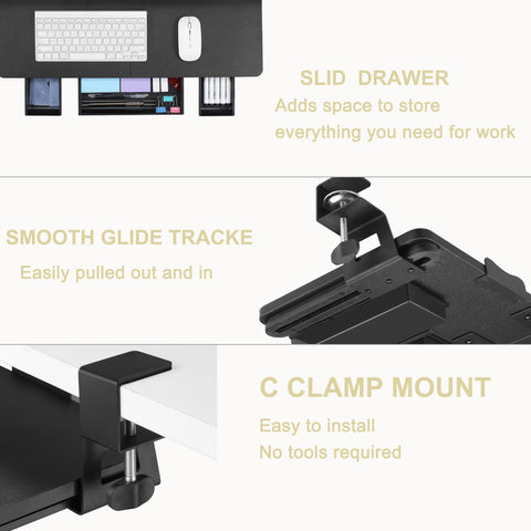 TECLUK Keyboard Tray Under Desk with Drawer,26.77" X 11.81" Keyboard Tray Large Size with C Clamp-on Mount, Easy to Install