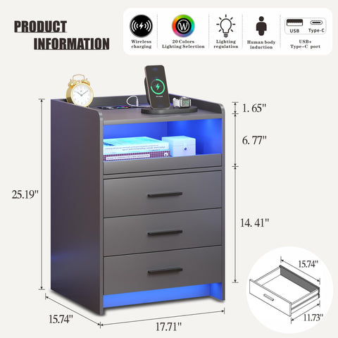 FREDEES Bedside Table with Charging Station and LED Lights, Grey