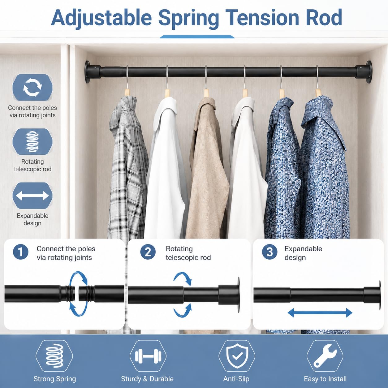 Wardrobe Pole, Wardrobe Rail Adjustable Clothes Rail with Screws and Sockets, Hanging Rod for Wardrobe and Bedroom, 85-235CM/Diameter 32MM，White