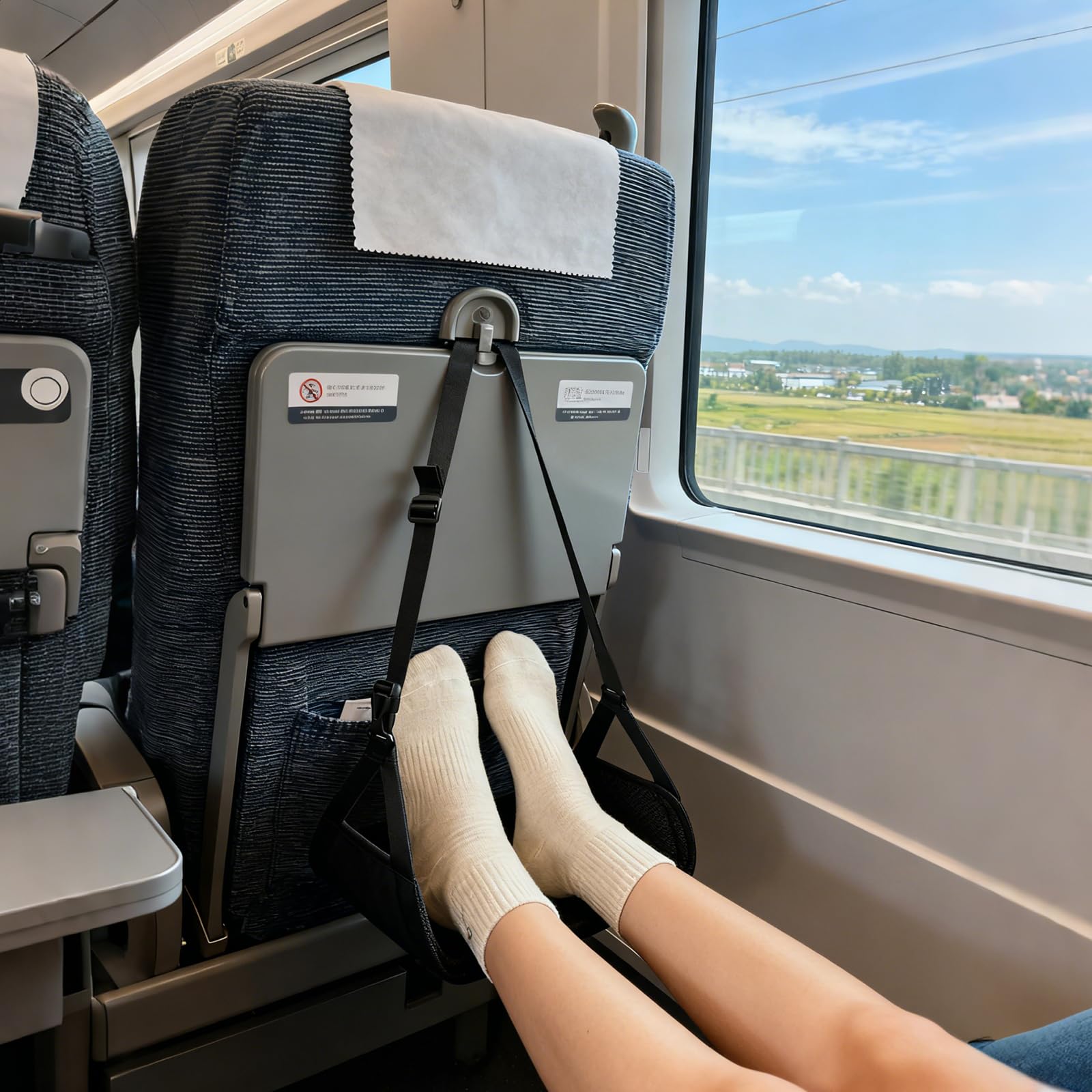 Foot Hammock for Flight with Bamboo Board, Adjustable Airplane Foot Rest, Portable Foot Rest for Plane Suitable for Adults and Children