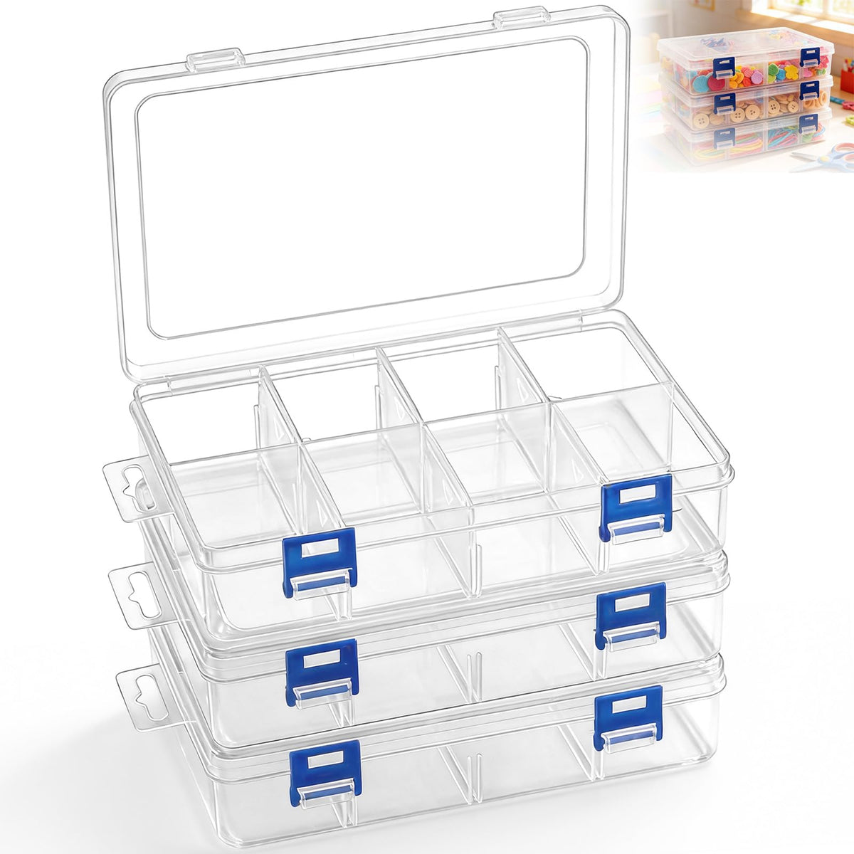 3 Pcs Plastic Storage Boxes with Lid, Organiser with 8 Grids Adjustable Dividers, Jewellery Organizer Box
