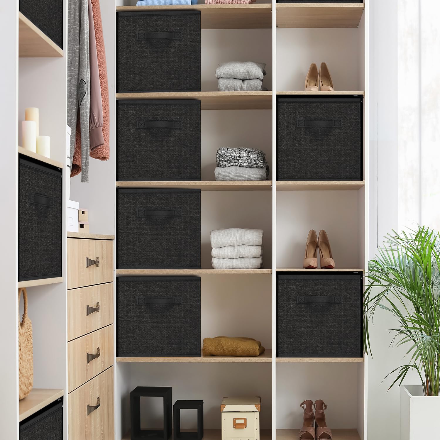 Nestl Foldable 9 Cube Storage Organizer Bins, Black Fabric Storage Cubes, 11-Inch Square Cube Storage Bins for Closet, Bedroom, Playroom and More