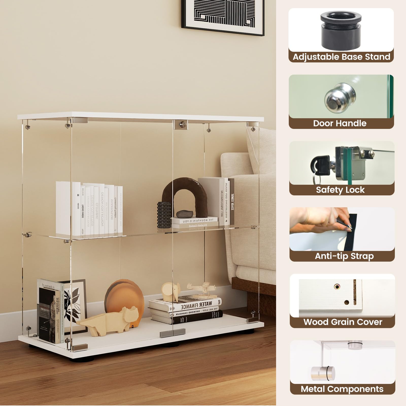 Beauty4U 2-Shelf Double Door Glass Display Cabinet, 83cm Tall, White