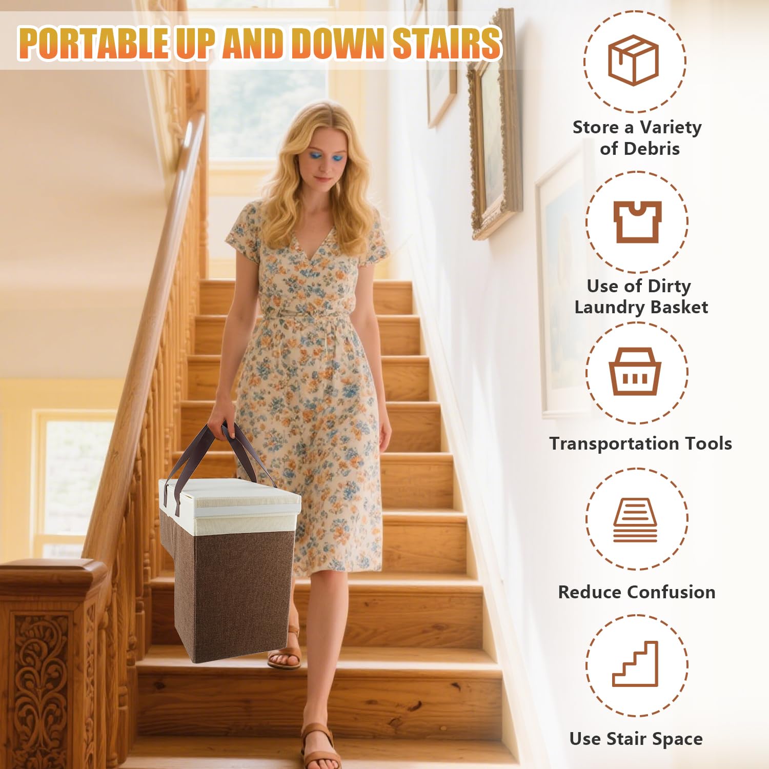 Ecopandy Flax Stairs Basket Non-slip, Foldable Stair Box for 8'' Stairs