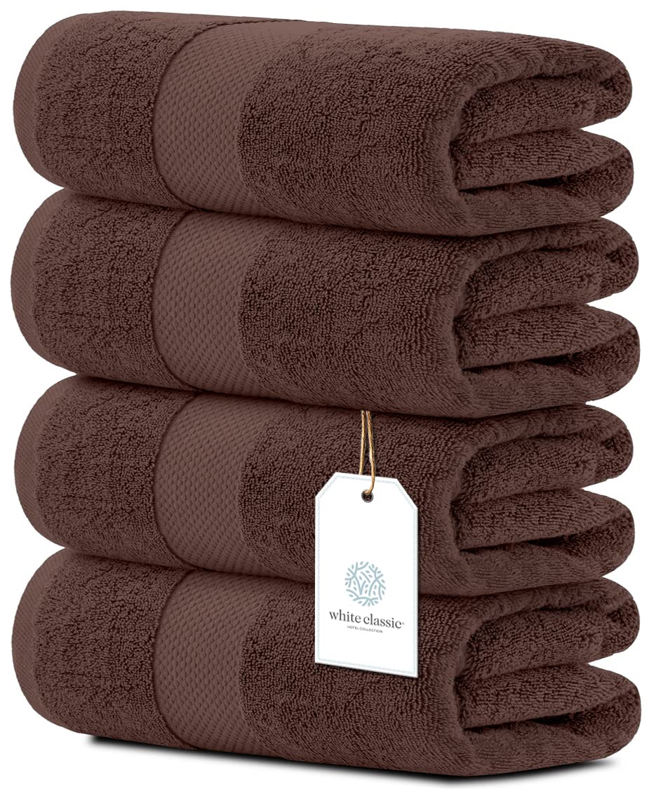 White Classic Luxury Bath Towels Large - Cotton Hotel spa Bathroom Towel | 27x54 | 4 Pack | Brown