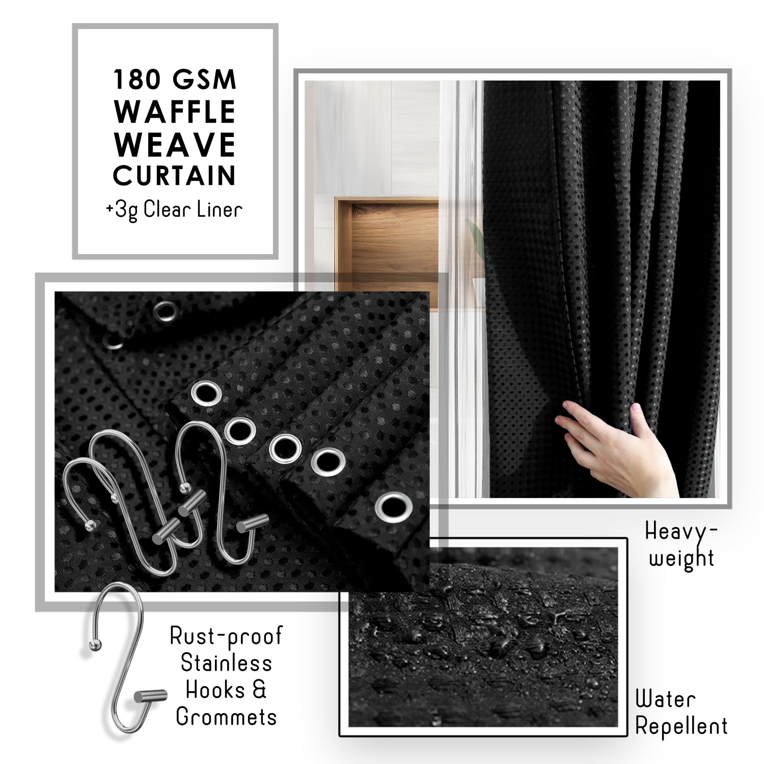 Clara Clark Bathroom Accessories Set - Bathroom Accessory Set with Shower Curtain Set, Toilet Brush, Trash Can & Soap Dispenser (Black, Complete Set)