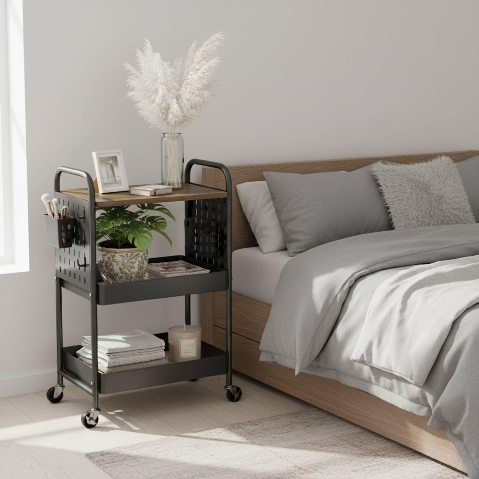danpinera 3 Tier Rolling Cart, Metal Utility Cart with Wooden Table Top & DIY Pegboard, Rolling Carts