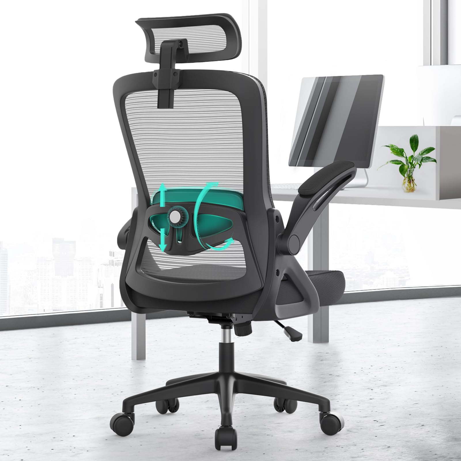 YONISEE Office Chair Ergonomic Office Chair with Lumbar Support, Adjustable Armrests and Headrests, Mesh Chair High Back Comfortable for Home Office