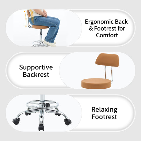 FIRAVOE Ergonomic Rolling Office Stool Chair with Backrest, Swivel Armless Desk Chair with Adjustable Footrest