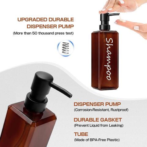 GMISUN Shampoo and Conditioner Dispenser, 17 Fl oz / 500ml Square Shower Gel Dispenser, Refillable Shampoo Bottles