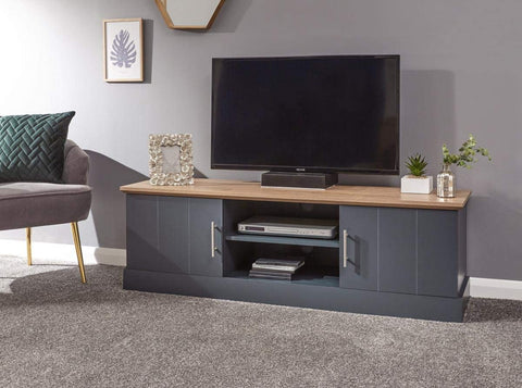 GFW Kendal Large TV Cabinet, Slate Blue and Oak Effect TV Unit with 2 Doors and Open Shelving, Country Style Media Storage Furniture