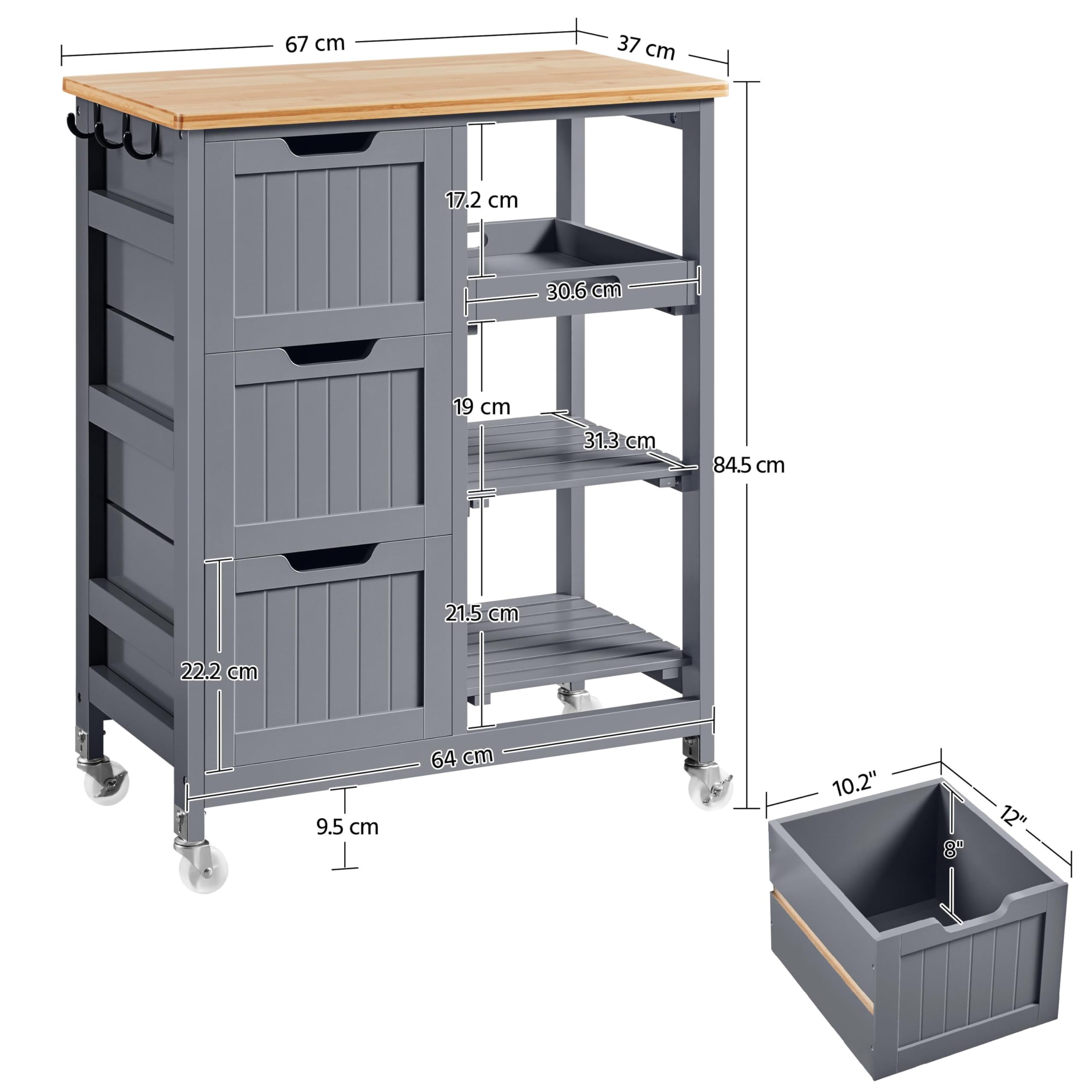 Yaheetech Rolling Kitchen Trolley Kitchen Island Cart with 3 Shelves Grey