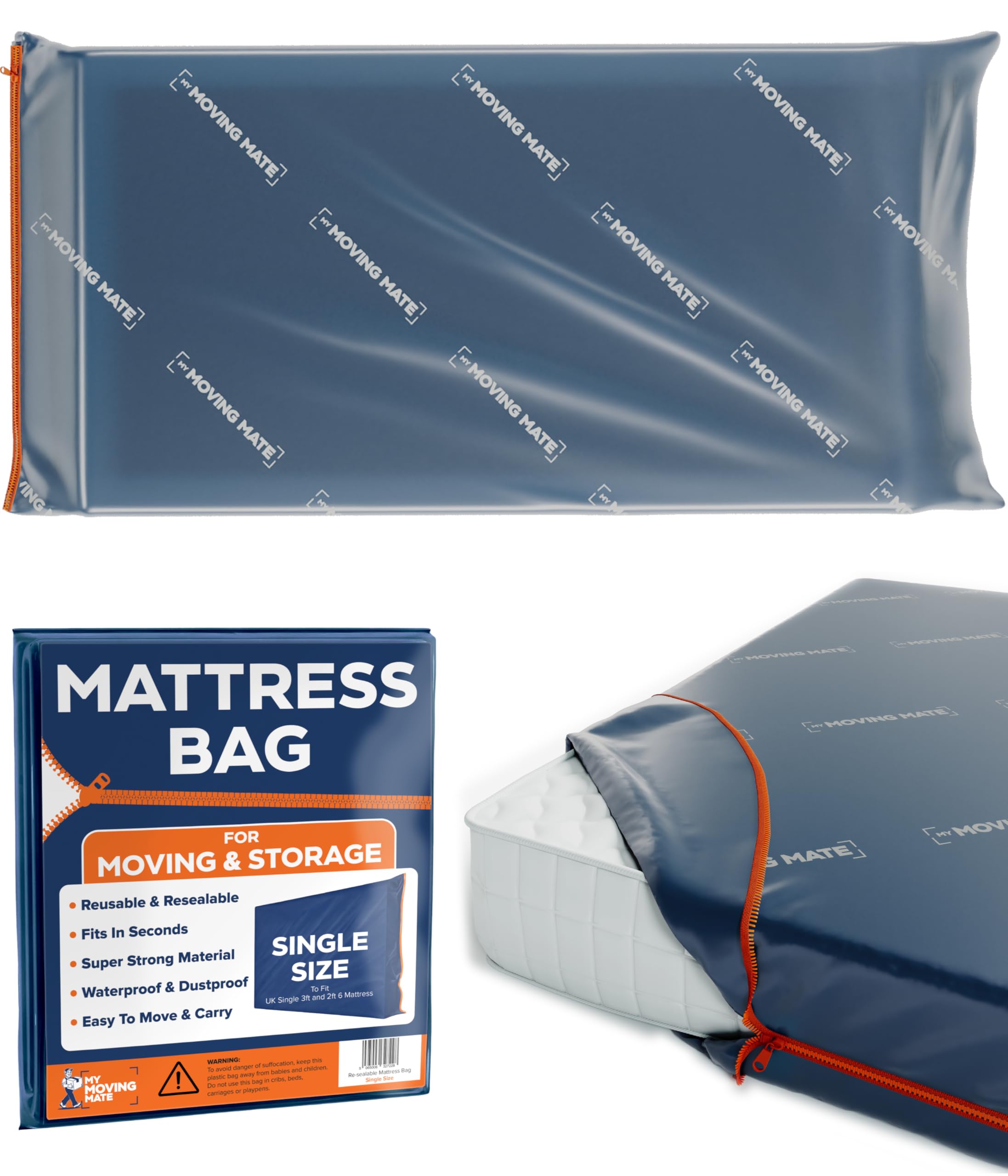 Single Mattress Storage Bag with Zip for Moving House, Heavy Duty, 3ft