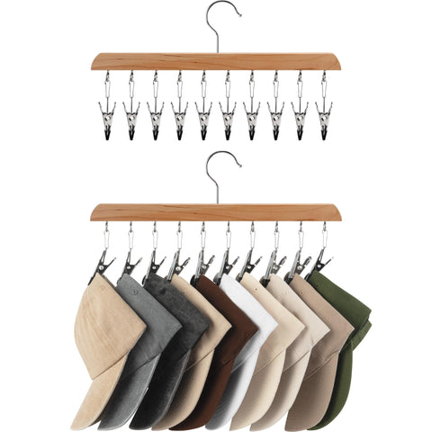 StorageWorks Hat Rack, Set of 2 Wooden Hangers with Adjustable Stainless Steel Clips, Heavy Duty Wardrobe Organiser and Storage for Baseball Caps