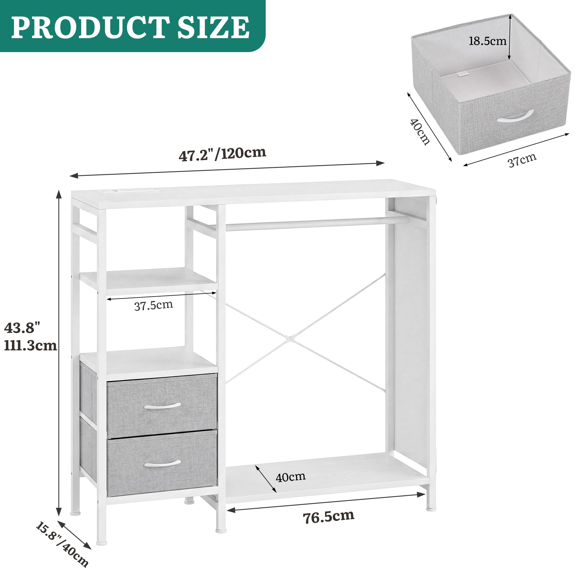 YITAHOME Wardrobe Chest of Drawers with Hanging Rail 120cm White