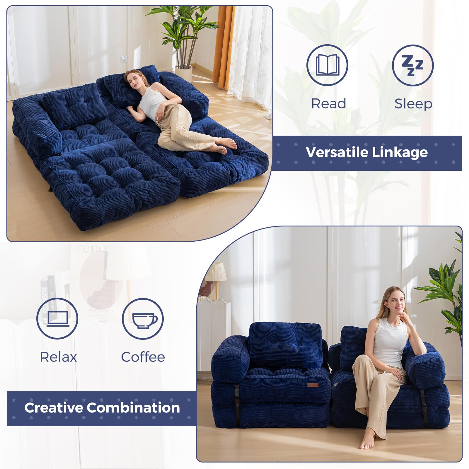 MAXYOYO Foldable Sofa Bed,Bean Bag Couch Convertible Sleeper Chair with Armrest L-Shaped Floor Lounge Sofa with Pillow Portable Lounge Seat for