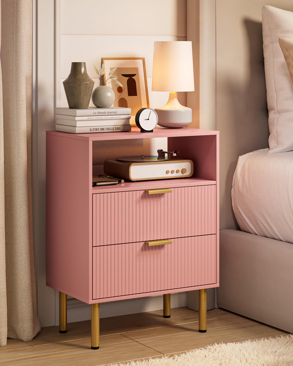 Apetaccat Bedside Table with 2 Drawers, Modern Bedside Cabniet with Metal Legs, Fluted Nightstand, Side Table for Bedroom, Living Room, Office, Pink