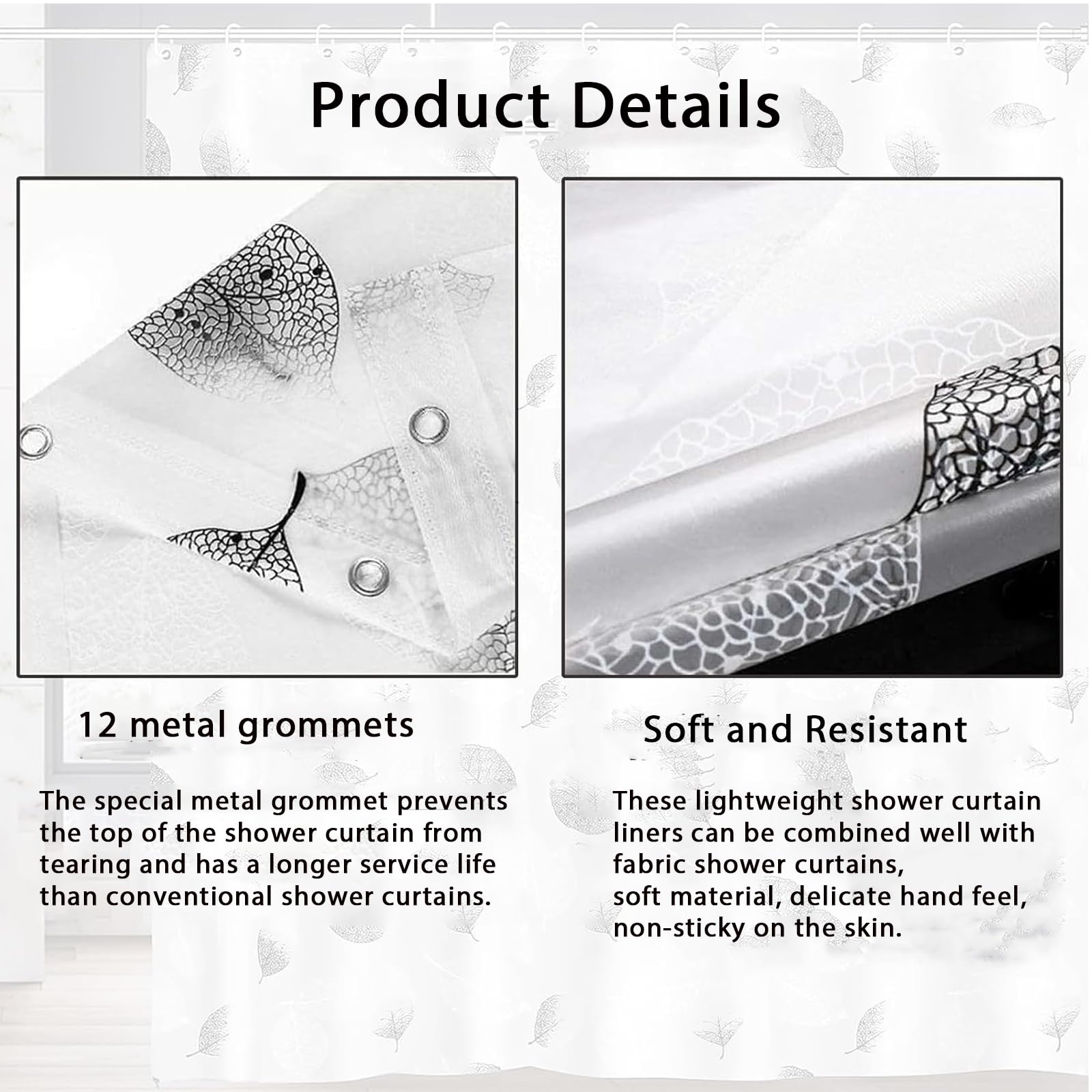 Shower Curtains Mould Proof Resistant - Leaves Patterned Semi-Transarent Shower Curtain, PEVA Waterproof Bathroom Curtains with 12 Hooks, 180 x 180 cm