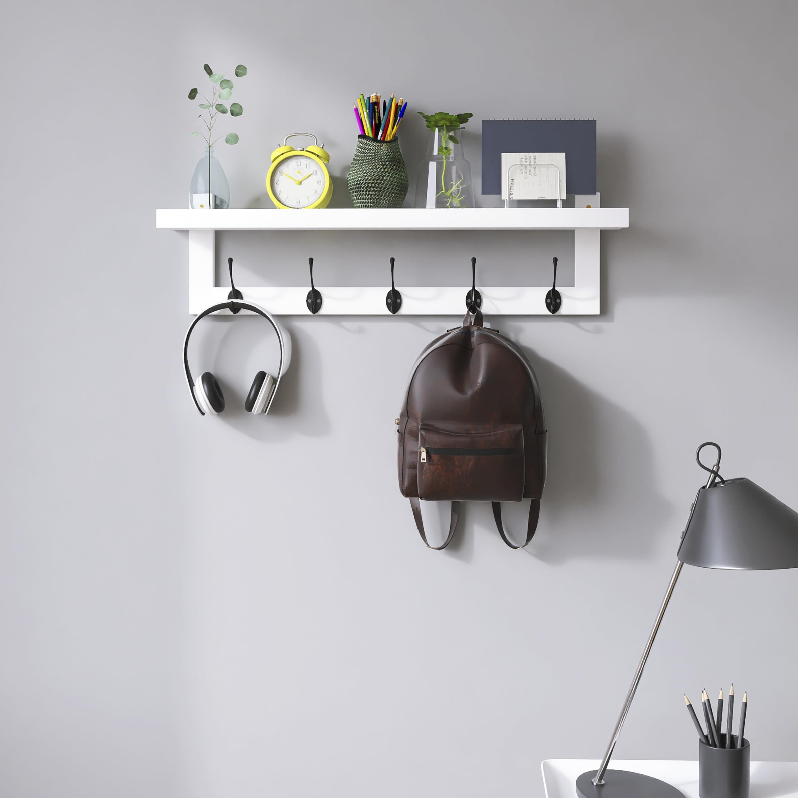 SMIBUY Coat Hooks with Shelf Wall-Mounted, 74 cm Entryway Coat Rack for Wall, Bamboo Hanging Shelf with 5 Double Metal Hooks for Bathroom, Bedroom