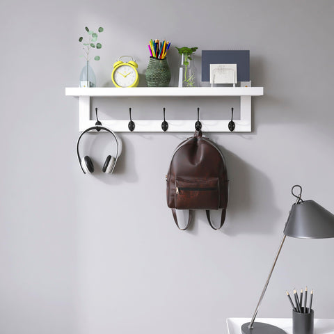 SMIBUY Coat Hooks with Shelf Wall-Mounted, 74 cm Entryway Coat Rack for Wall, Bamboo Hanging Shelf with 5 Double Metal Hooks for Bathroom, Bedroom