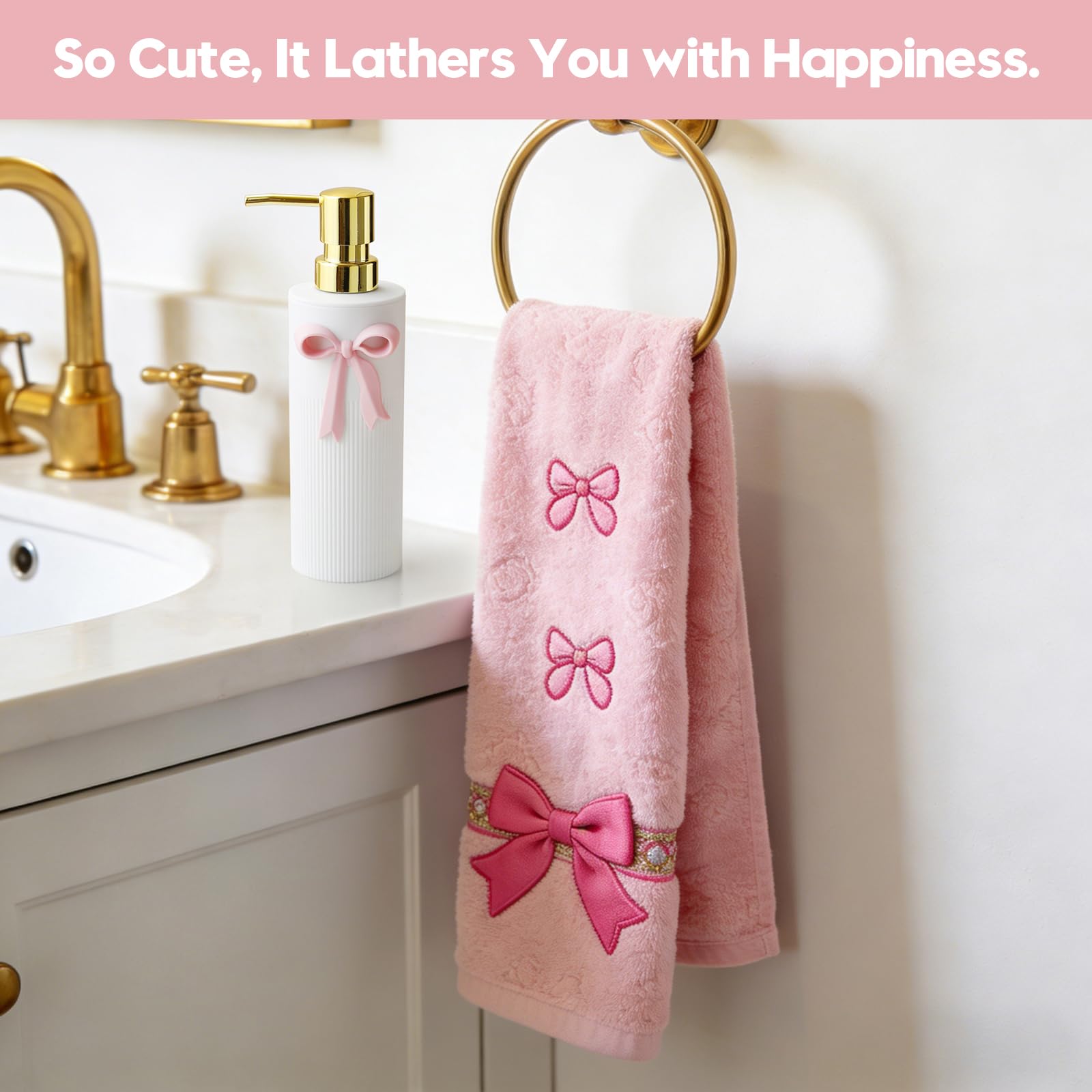 White Soap Dispenser with Decorative Pink Bow Hand Soap Dispenser for Sink