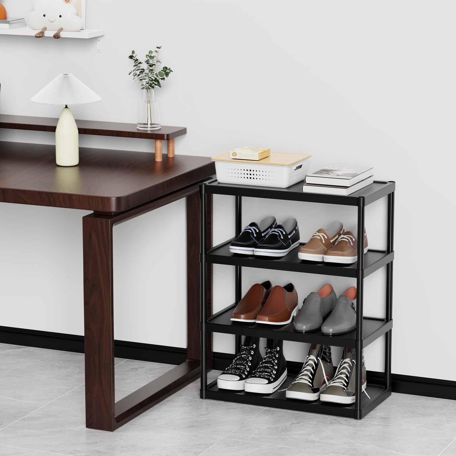 SZSHYNJ 4 Tier Double Row Small Shoe Rack, Slim Plastic Shoes Stand