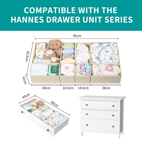 ORLISA 8 Pack Drawer Organiser for IKEA Hemnes, Wardrobe Storage Organiser with PP Panels, Foldable Fabric Drawer Dividers for Clothes, Underwear