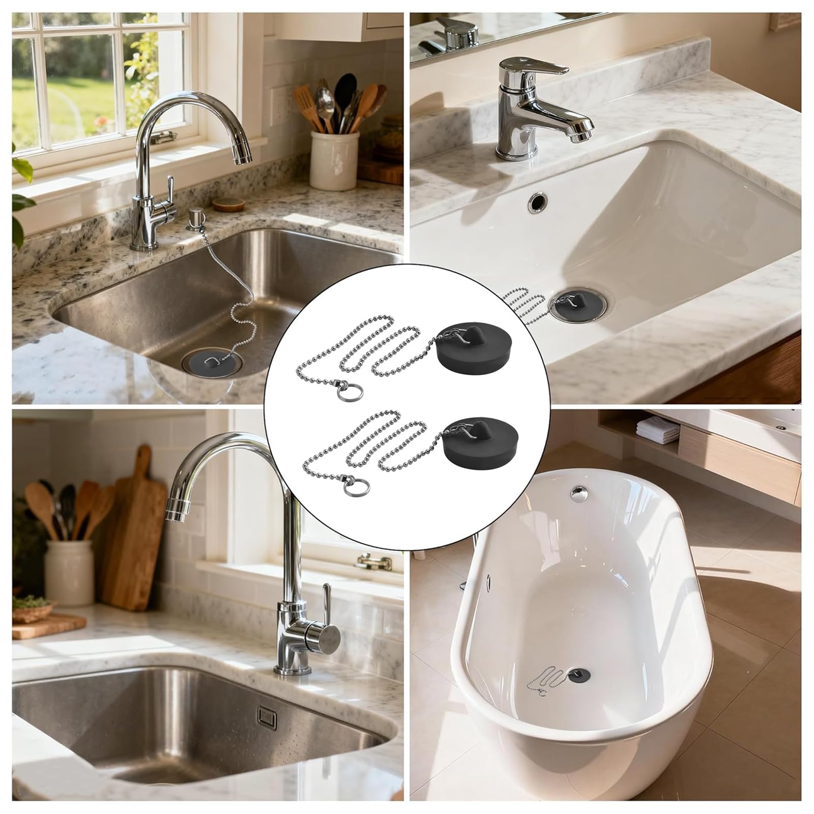 Funngy Drain Stopper Sink Plug,2 PCS Universal Sink Plug with Stainless Steel Chain and Hook Rubber Drain Stopper for Kitchen Sink Bathroom Sink Plug