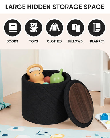 Bonlife Round Ottoman Stool with Storage Seat,Folding Footstool,Black,33cm