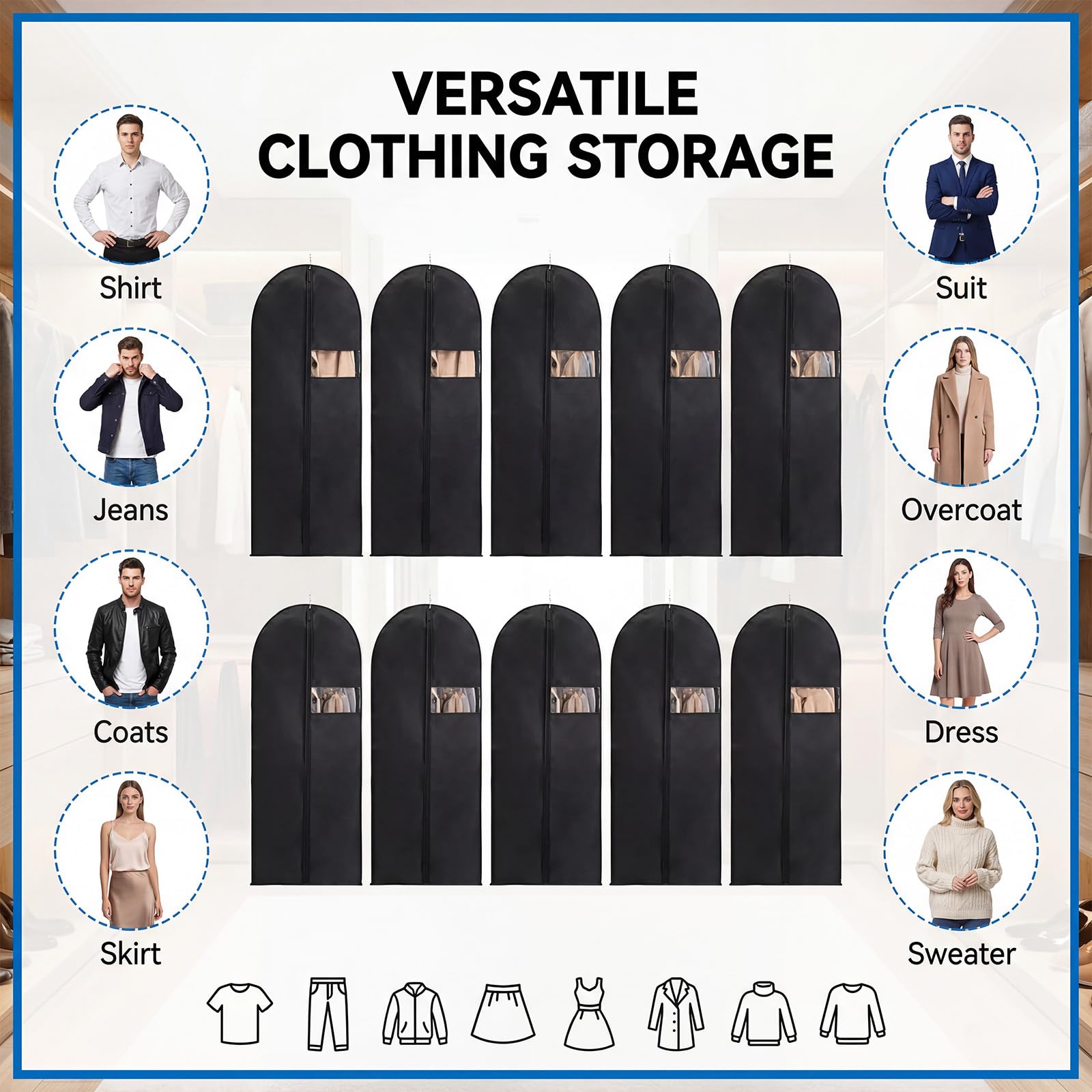 Xivicii 10Pcs Suit Bags for Men, Foldable Suite Covers, Waterproof Garment Protectors with Clear Window for Clothes Coats (60 * 100cm)