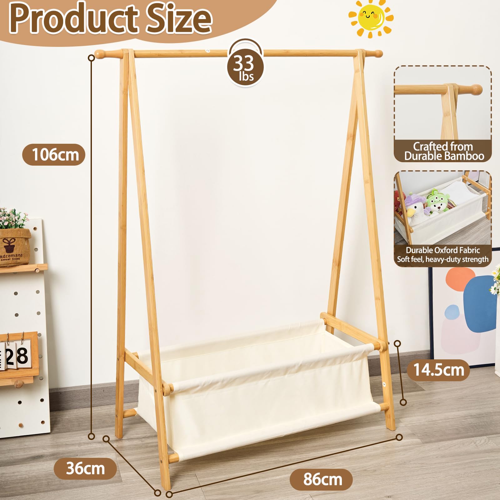 Bamysol 100% Natural Bamboo Kids Dress Up Rail With Storage, Toddler Wardrobe, Baby Crate Hamper with Rail, Kids Clothes Rail