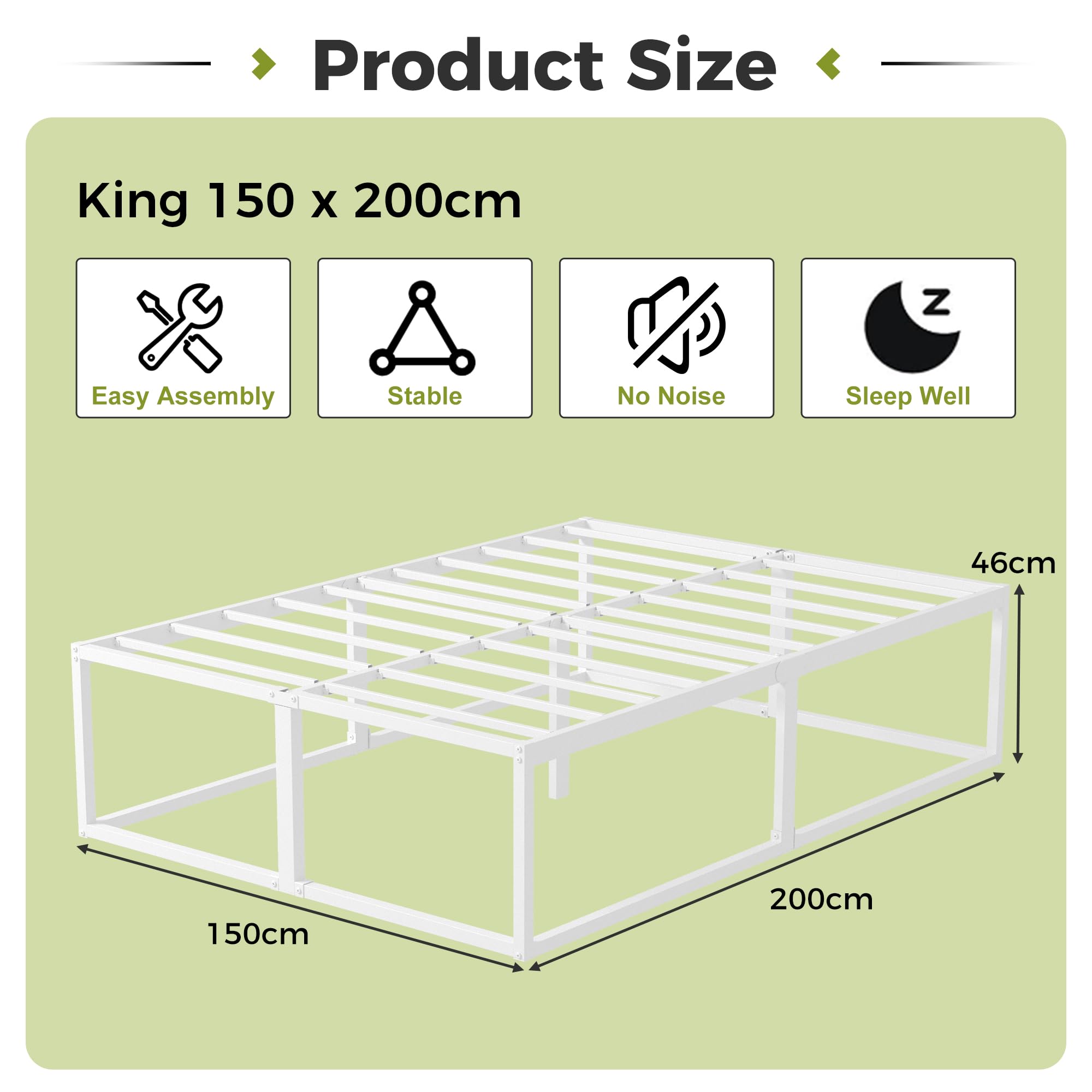 EMODA King Size Bed Frame 150x200 cm with Sturdy Slats Support, White