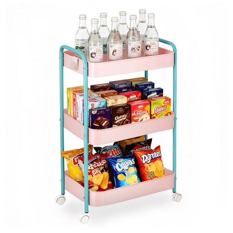 3 Tier Metal Storage Trolley on Wheels Kitchen Trolleys Utility Rolling Cart with Handle ,Mesh Storage Cart Bathroom Cart Veg Rack and Multi-Purpose