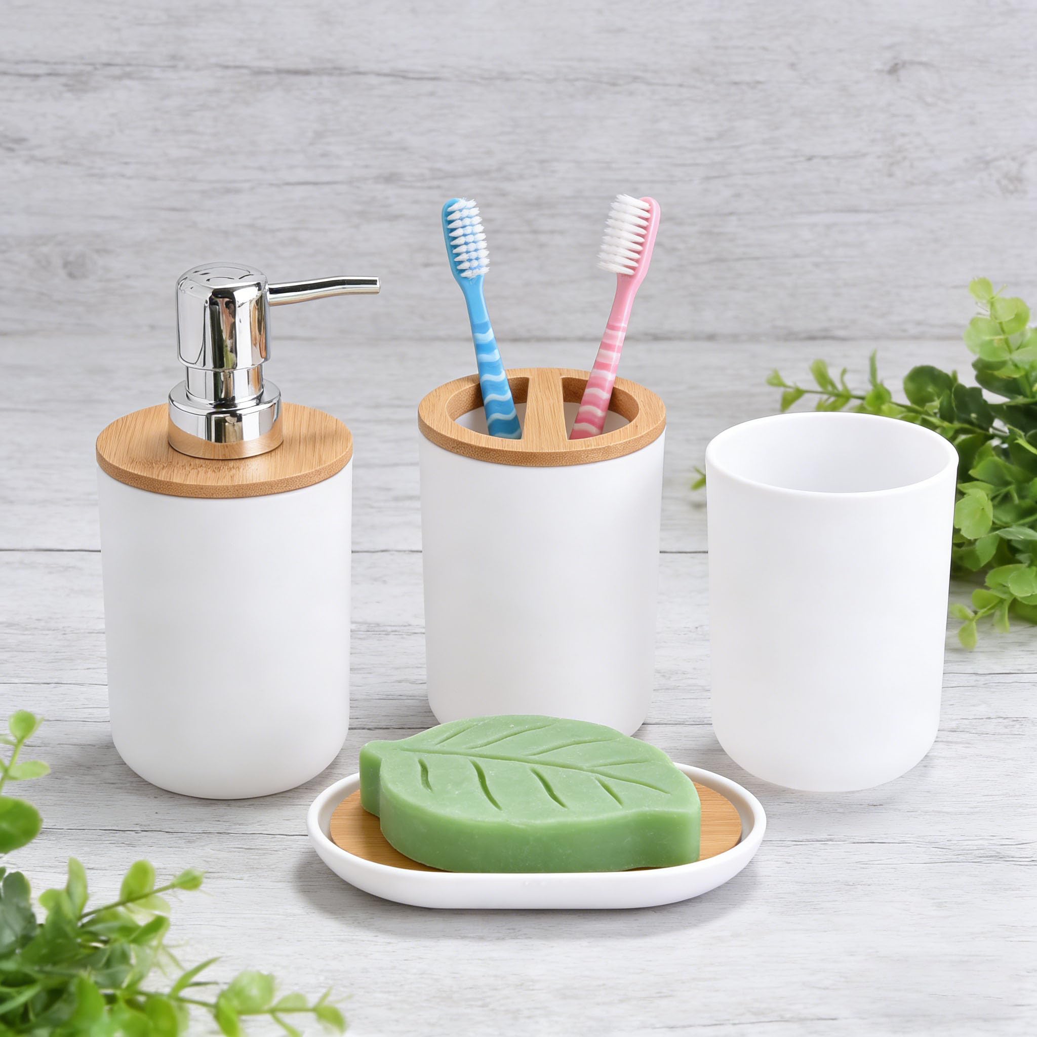 JETAINE 6 Pieces Bamboo Bathroom Accessories Modern Bathroom Accessory Set Luxury Bathroom Bin and Toilet Brush Set