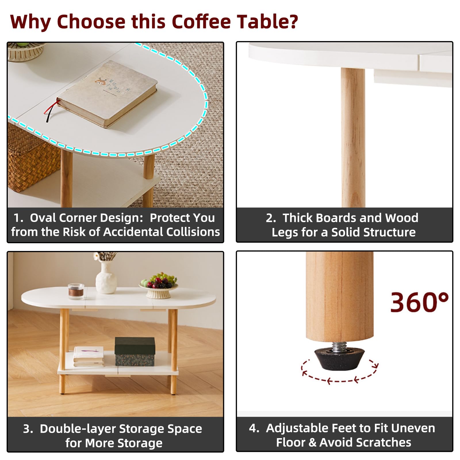 Aibiju Oval Coffee Table White, Small Wooden Coffee Table for Small Space, Splicing Design 35 * 16 * 17in