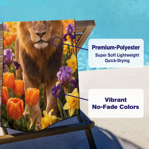 Violetpos Lion in Tulips & Irises Beach Towel, Extra Large 180x90 cm 250GSM Microfibre, Sand Free Quick Dry
