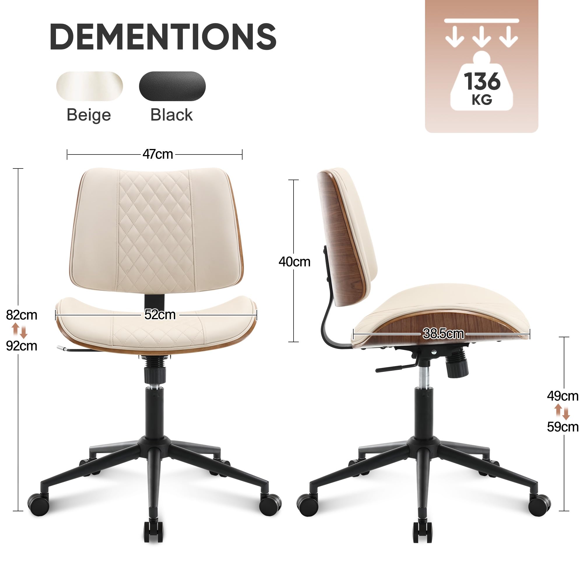 BERYTH Armless Desk Chair with Wheels Boucle Home Office Chair 360° Swivel Adjustable Height PU Leather Max. 136kg Mid Back Modern Bentwood Walnut